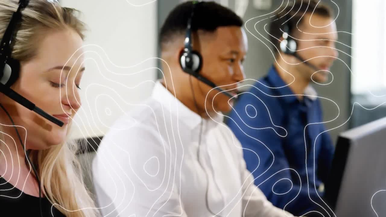 Animation of network of connections over office workers wearing headsets
