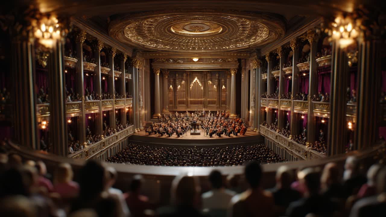 Maestosa esibizione sinfonica in un teatro ornato con spettatori che si godono un'esperienza di concerto squisita in una sala grande splendidamente progettata.