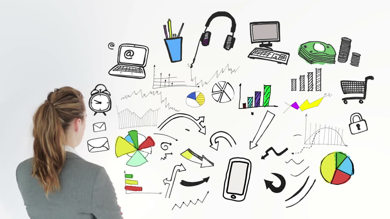 animación de colores que muestra el comportamiento del consumidor y una mujer de negocios