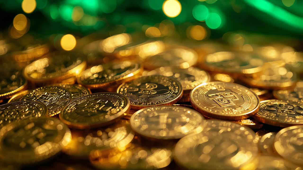 Operator pulling focus moving camera lens across table coin pile, showing Bitcoin symbols, glints