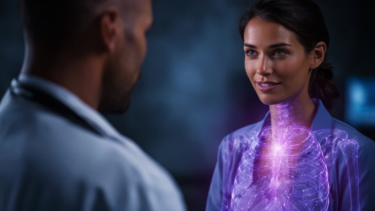 A medical professional engages with a patient, showcasing a vivid holographic projection of the patient's lungs, highlighting anatomy and medical technology's role in diagnostics and patient care