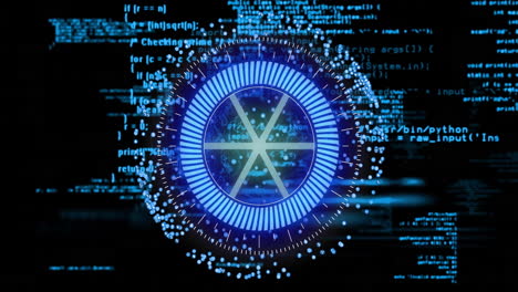 animación de procesamiento de datos digital sobre interfaz circular azul con fondo de codificación