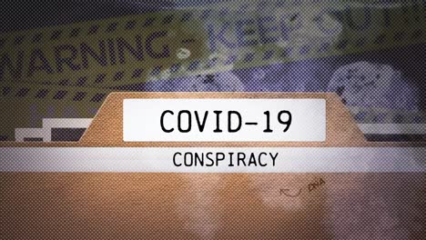 animación digital de la conspiración de covid-19 banner de texto contra la advertencia cintas amarillas de la policía