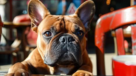 a dog sitting at a table with a cup of coffee