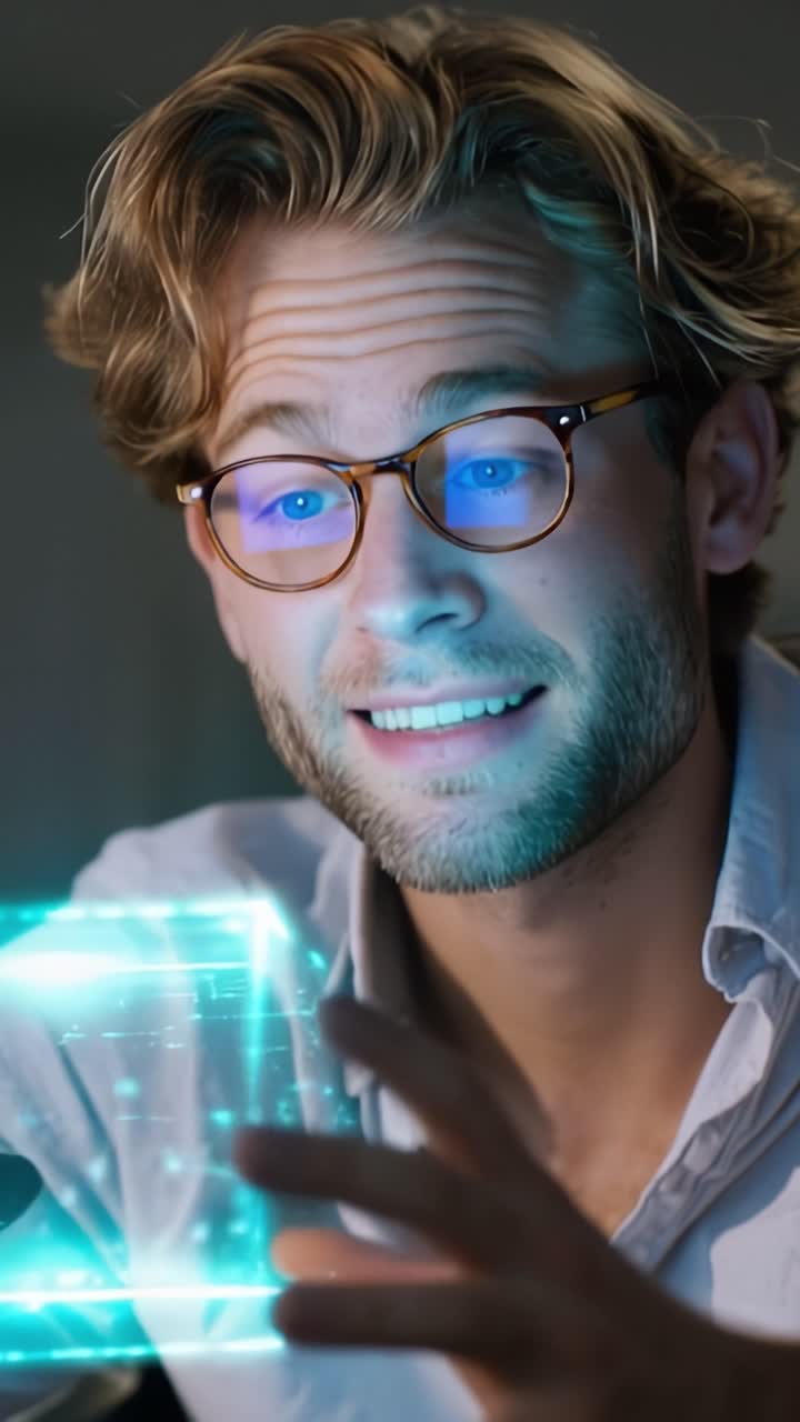 Un joven inmerso en interacción digital, mostrando su enfoque y concentración mientras explora tecnología holográfica avanzada con visuales hipnotizantes.