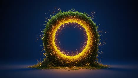 illuminated nature portal: a mesmerizing circular gateway surrounded by lush greenery and sparkling light, bringing together elements of fantasy and organic beauty