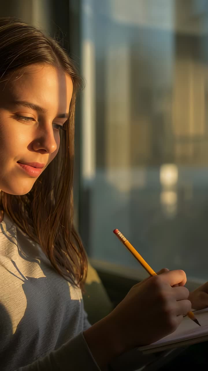 Vídeo vertical: mulher de suéter praticando com um lápis perto da janela e olhando para um caderno, com espaço para texto
