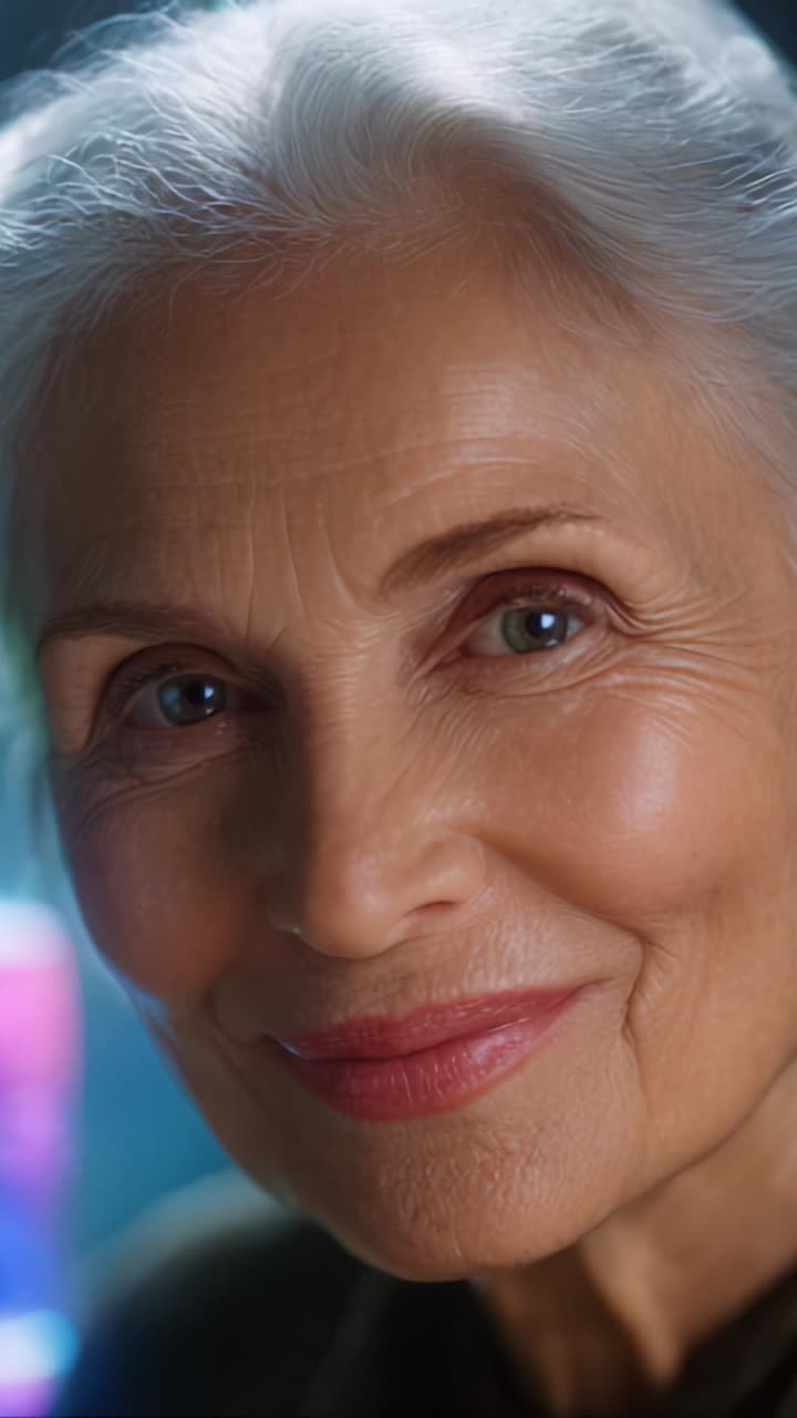 A Portrait of Grace: An Enchanting Elderly Woman's Warm Smile Captured in a Vibrant Atmosphere, Reflecting Wisdom and Experience in a Heartwarming Moment