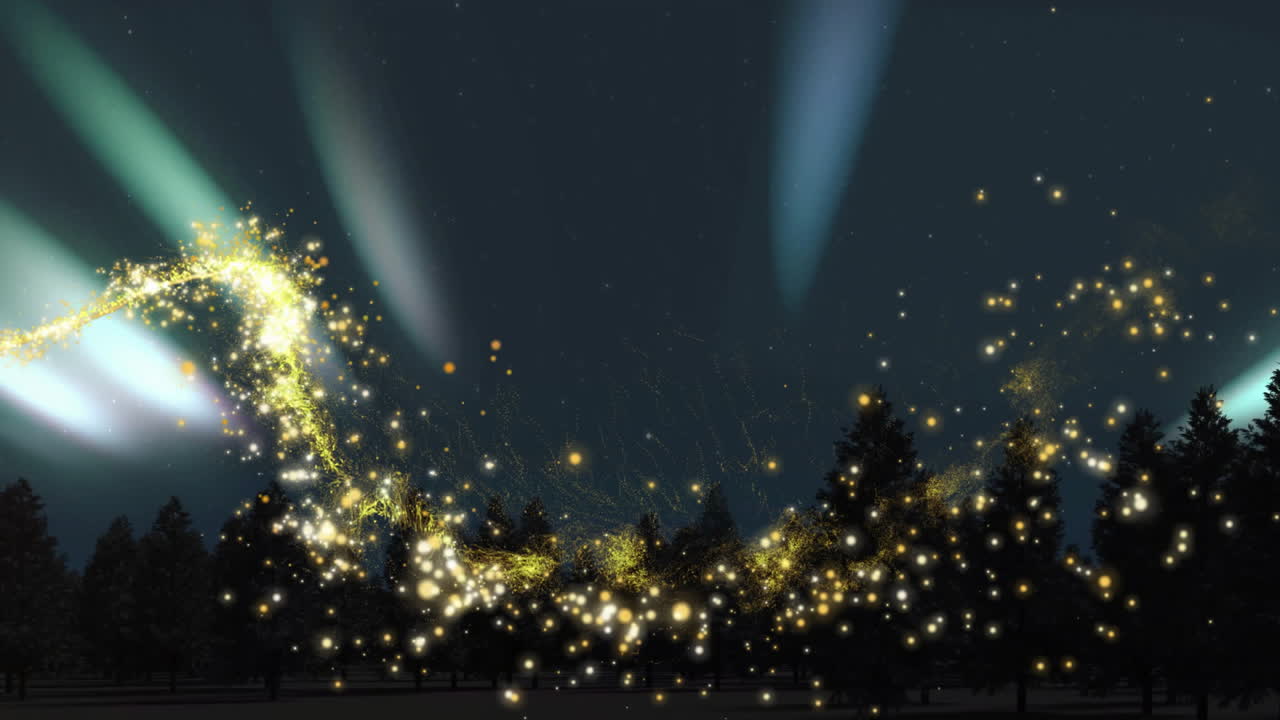 숲과 북쪽 불빛 위의 빛의 점의 애니메이션