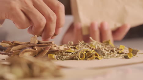 imágenes reales para un anuncio con el tema de la medicina tradicional, el médico está seleccionando cada hierba medicinal seca para empaquetar el medicamento de acuerdo con la receta
