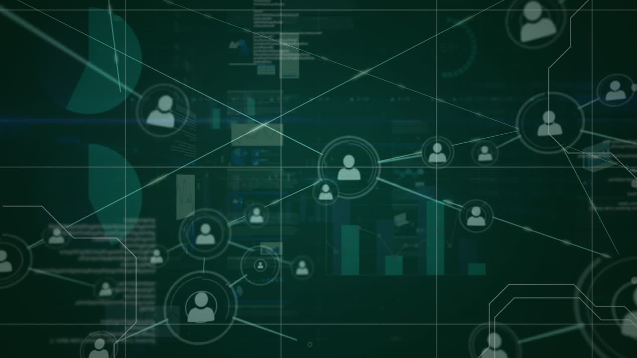 People icons, connecting lines and data in white moving on green background