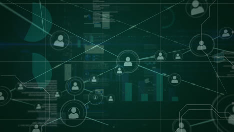 personas iconos, líneas de conexión y datos en blanco moviéndose sobre fondo verde