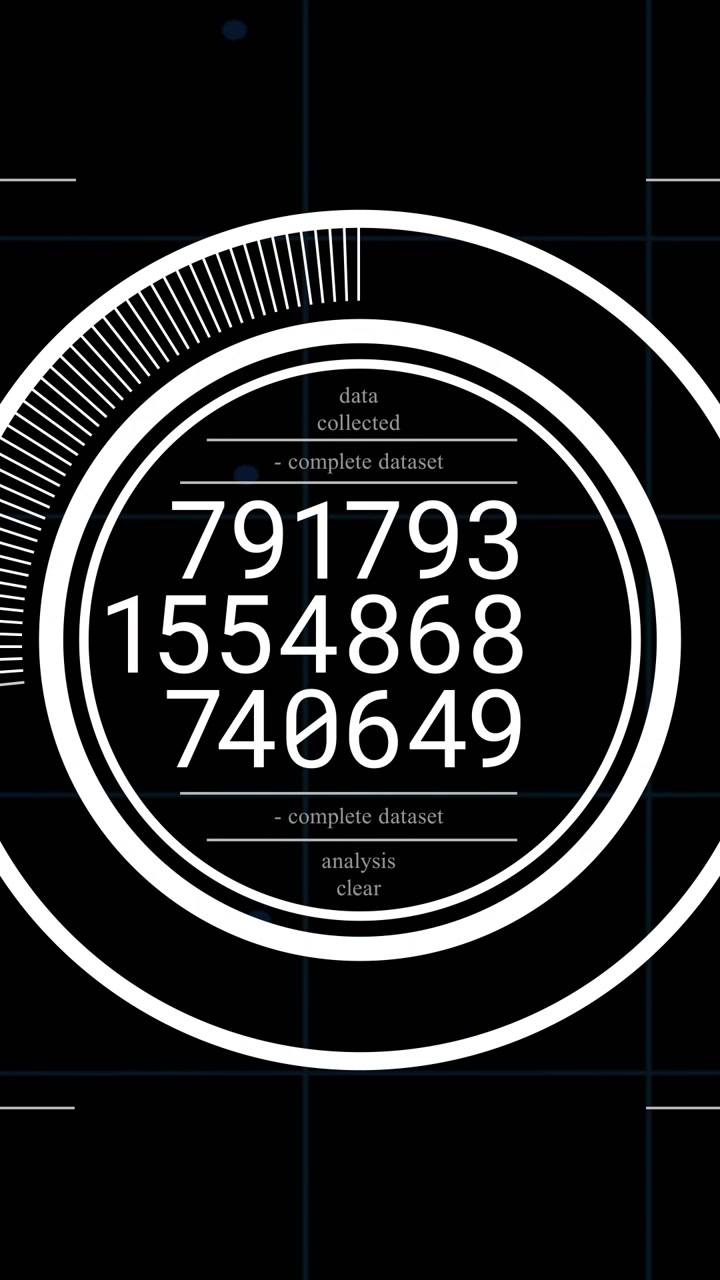 Vertical video: HUD opening, rotating ticks and updating numbers, indicating dataset analysis