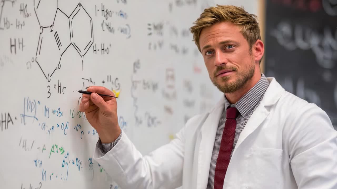 A Dedicated Scientist Illustrates Complex Chemical Structures and Equations on a Whiteboard, Engaging Students with Enthusiastic Teaching and Clear Demonstrations