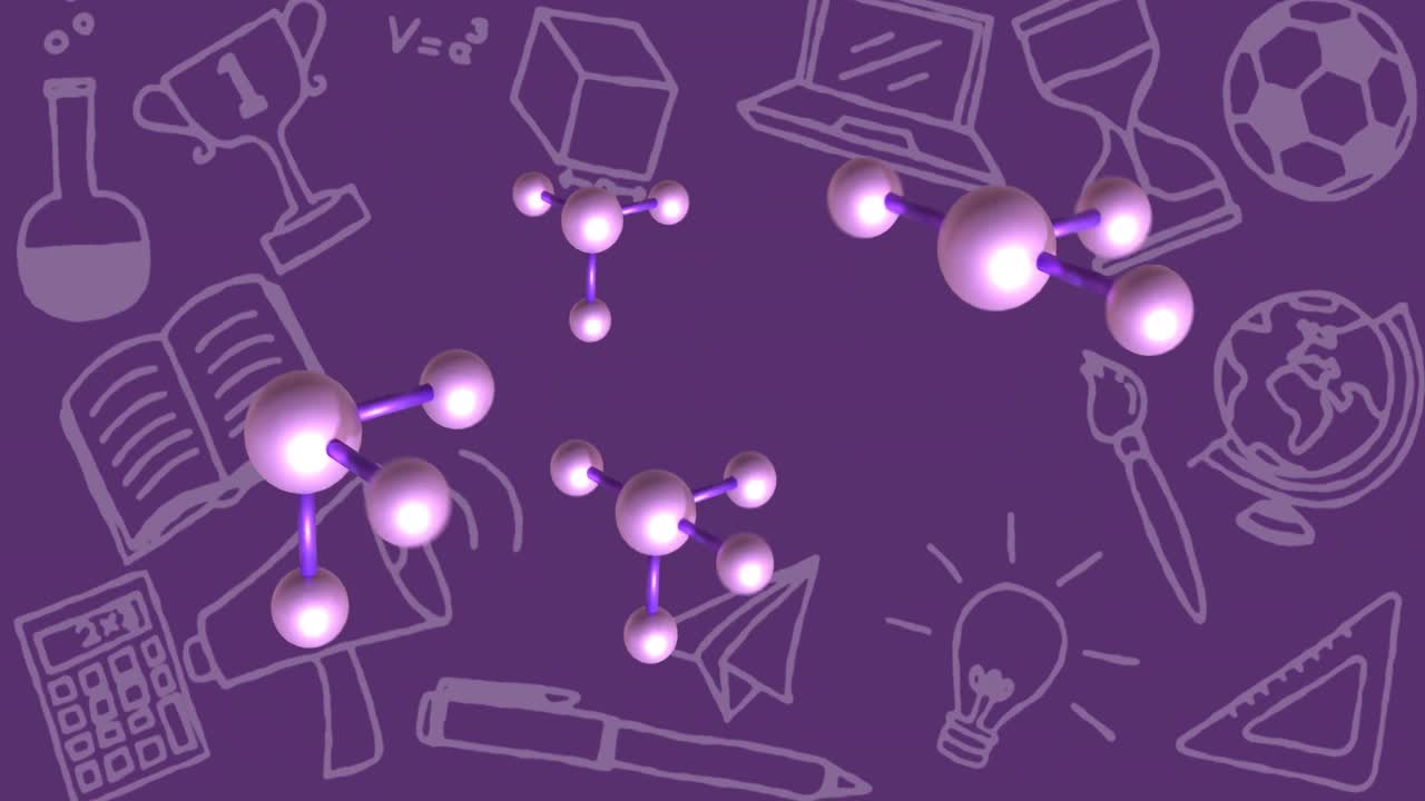 Animation of molecular structures and pictograms over purple background