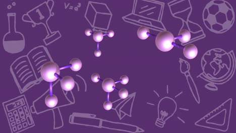 animación de estructuras moleculares y pictogramas sobre un fondo púrpura