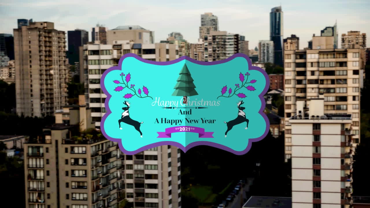 animación de felicitaciones de navidad en la etiqueta sobre el paisaje urbano en el fondo