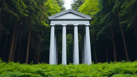 a white gazebo in the middle of a lush green forest