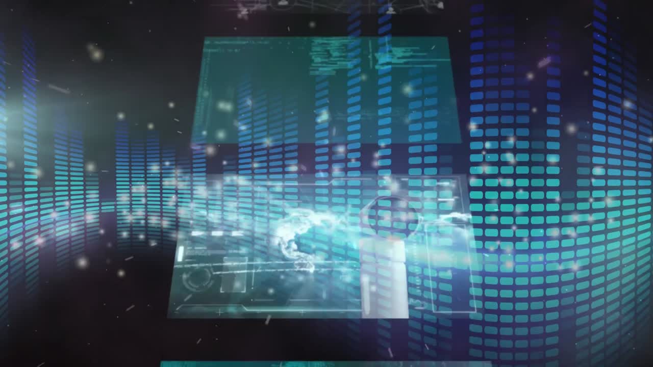 animación del procesamiento de datos en pantallas de interfaz en cascada sobre cuadrados azules brillantes