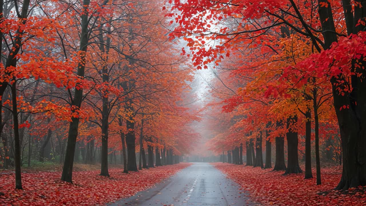 A Serene Pathway Through Autumnal Foliage: Vibrant Red and Orange Leaves Create a Magical Atmosphere in a Misty Forest Setting