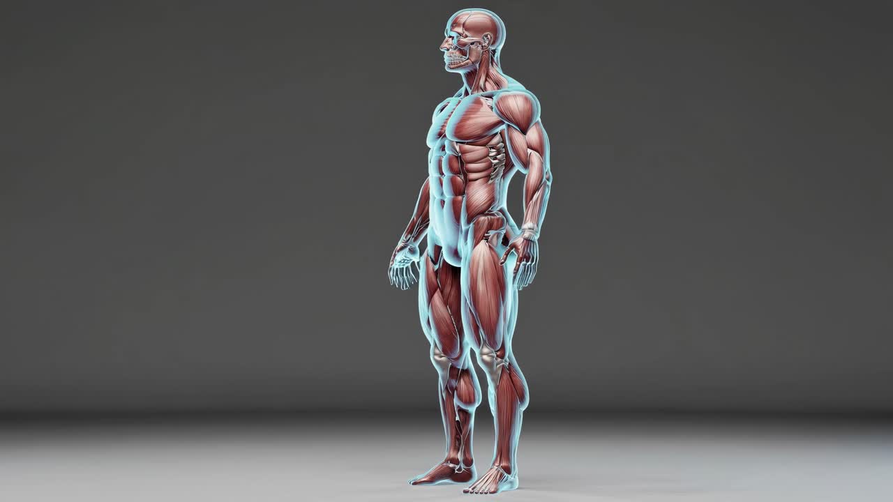 3D anatomical model of a human body with muscles highlighted, side view