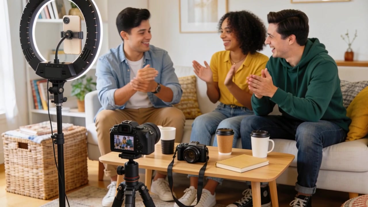 DSLR starting, three friends on sofa filming by ring light, clapping and reacting, yellow blouse