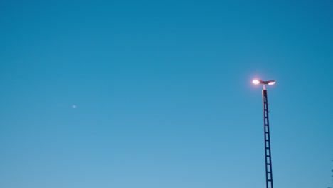 luz de la calle brillando contra el cielo del crepúsculo, con una luna débil visible