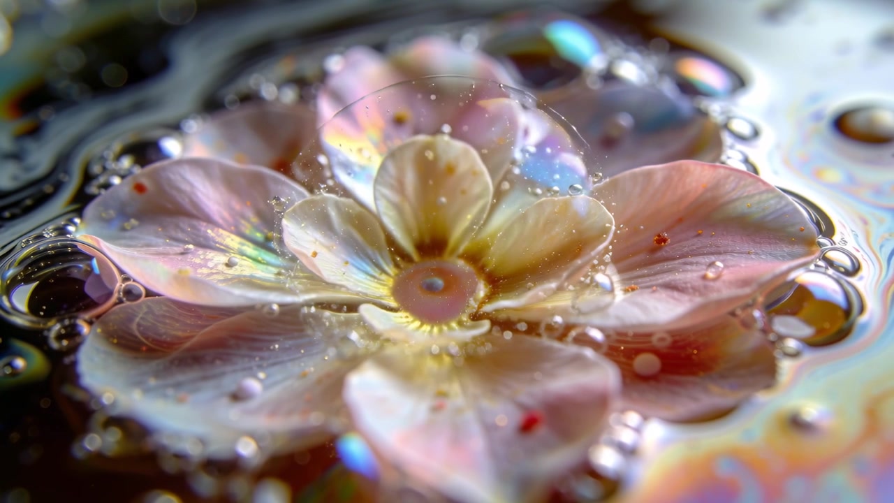 Una forma a petalo che esplode con una bolla iridescente centrale, collassando verso l'esterno su un piatto e spargendo goccioline.