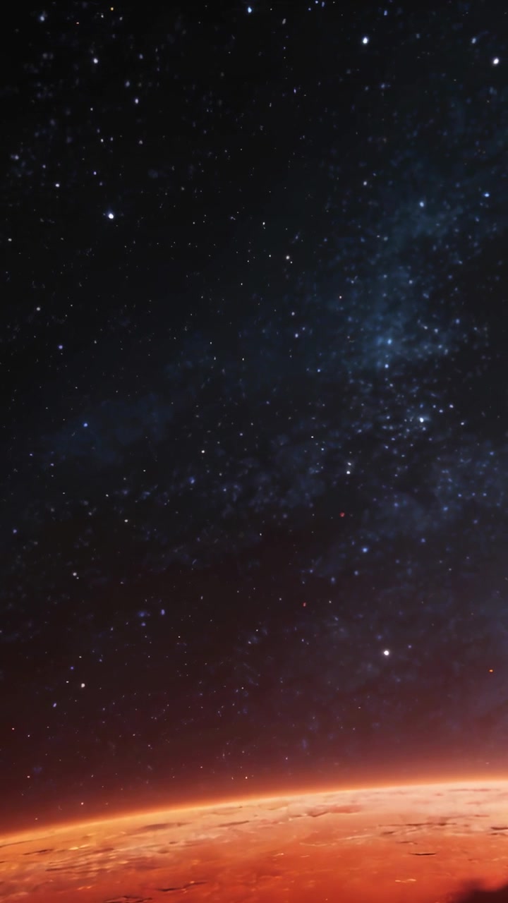 Video vertical: Cámara a la deriva elevándose sobre un horizonte rojizo, mostrando un campo estelar de nebulosa y motas.