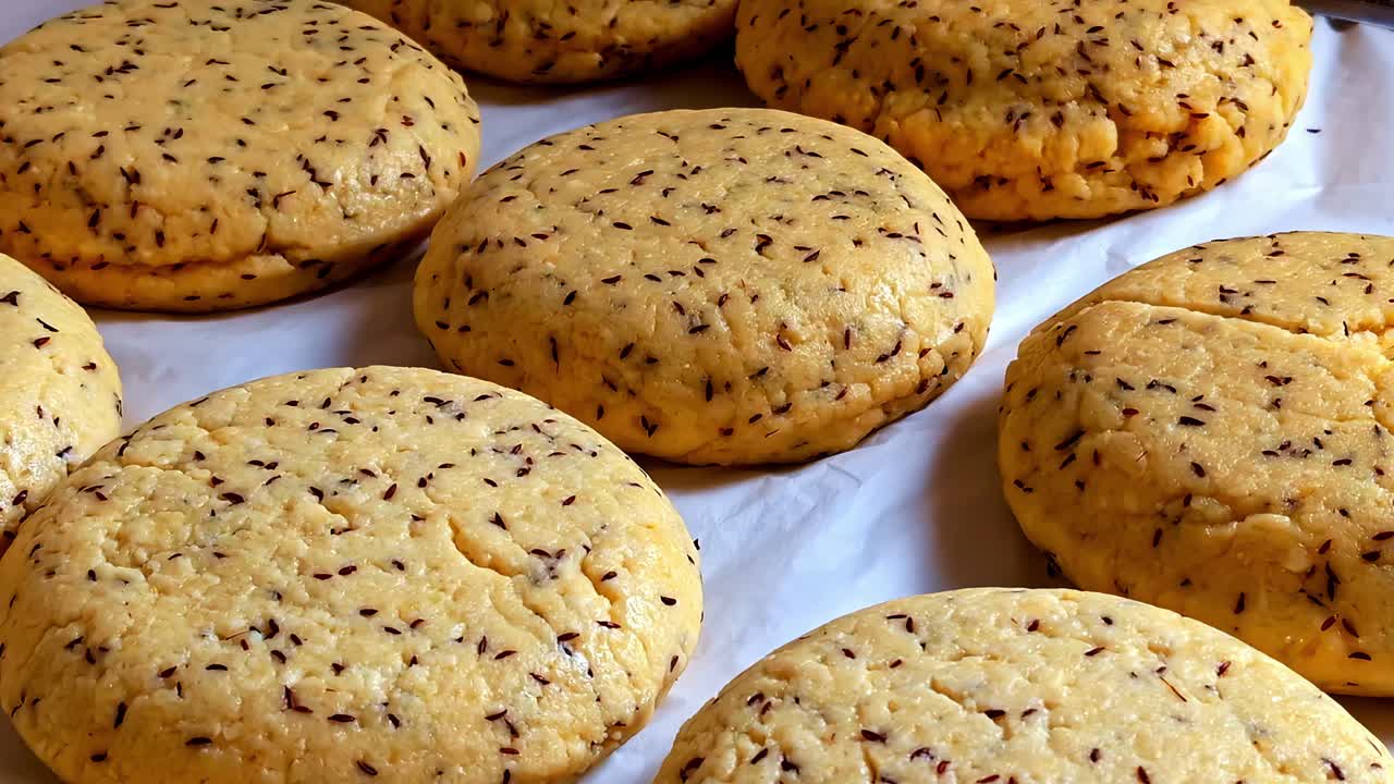 Wheel Of Home-made Cheese With Cumin Seeds For Summer Solstice In Cesis, Latvia. - closeup shot