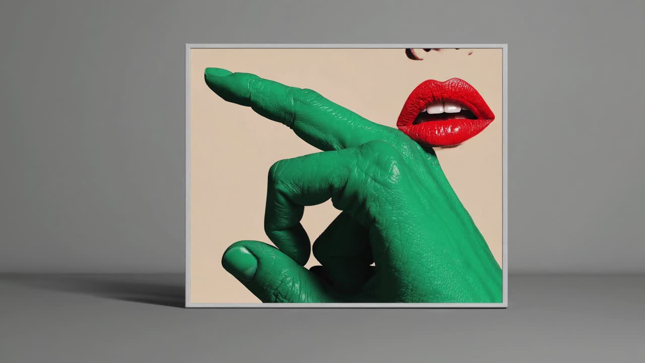mujer con mano verde y labios rojos
