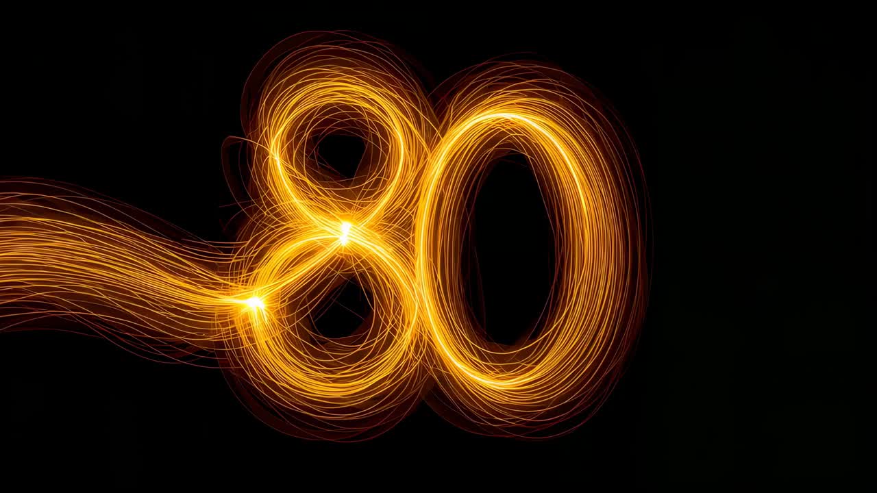 Tracing moving point entering left drawing double loop 80 to reinforce golden trails in dark studio