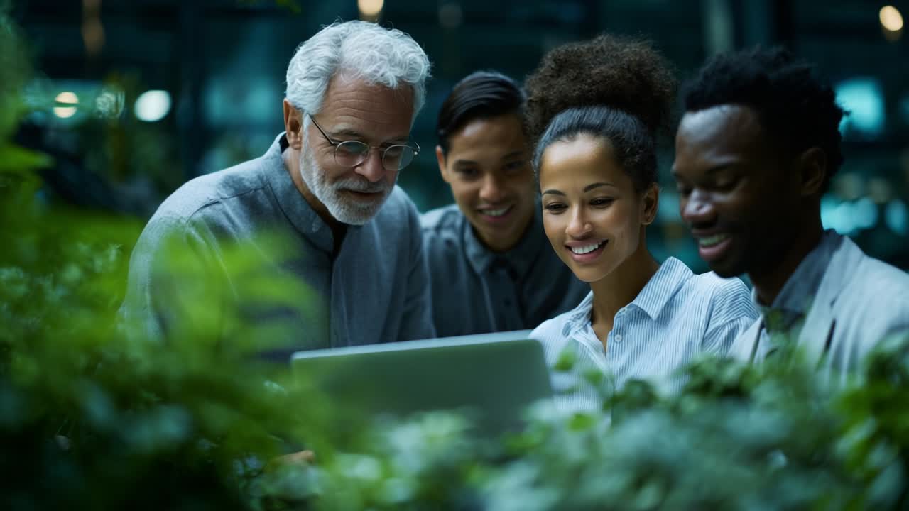 A Diverse Team Collaboration: Engaged Individuals Working Together to Solve Problems, Focused on a Laptop Amidst Lush Greenery in a Modern, Professionally Inspired Workplace Environment