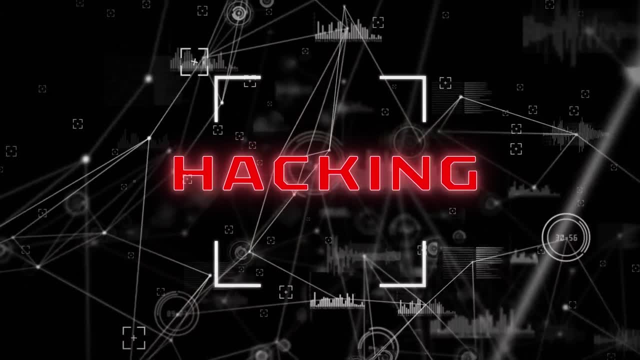 Animation of network of connections and digital interface and hacking text over dark background