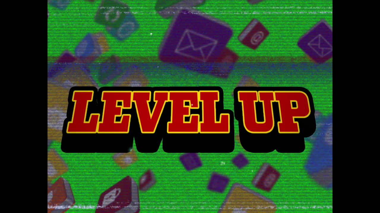 미디어 아이콘과 레벨 업 텍스트에 대한 간섭의 애니메이션