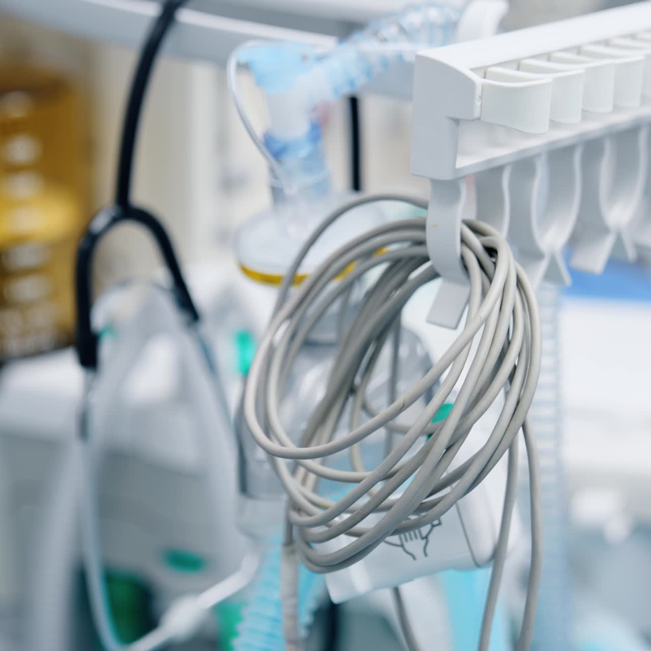 Folded wire from the medical equipment hanging in the ward. Lung ventilator machine at backdrop