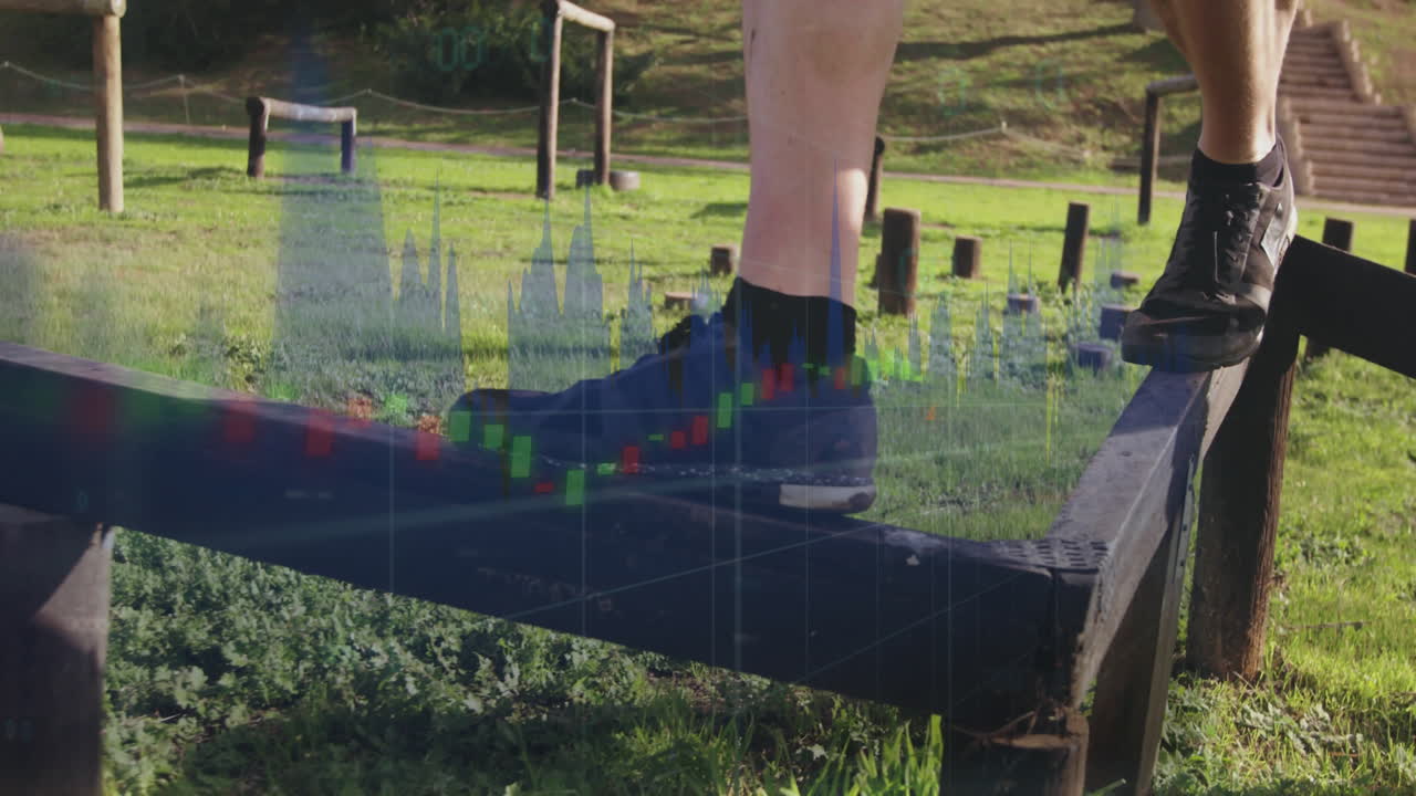 Balancing on beam, person with financial graph animation overlay in background