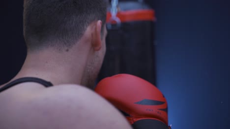 aggressive and strong boxer throws quick punches. sandbag.