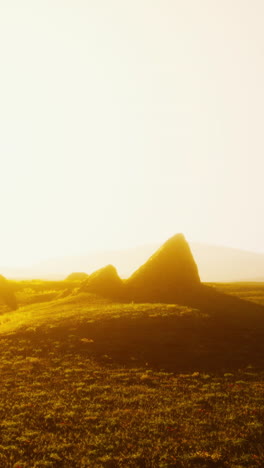 golden hour landscape with rocks and grassy field