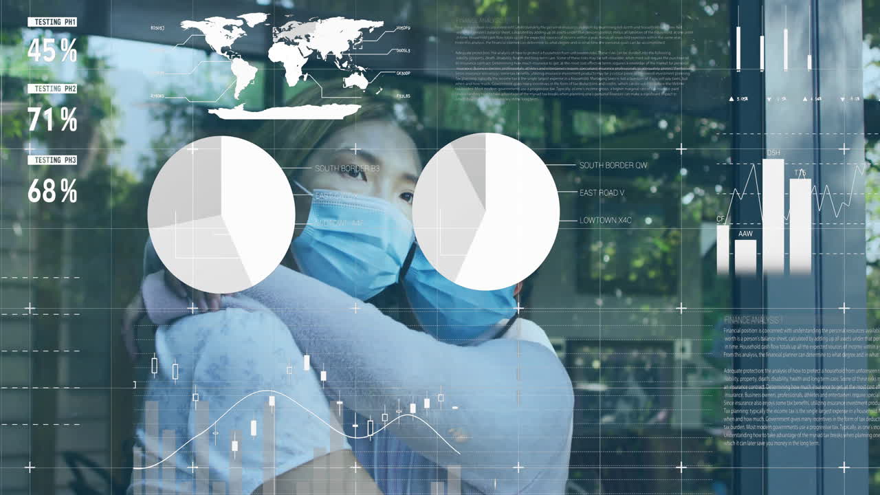 Mother hugging daughter in front of glass door, showing finance graphics with world map, pie charts