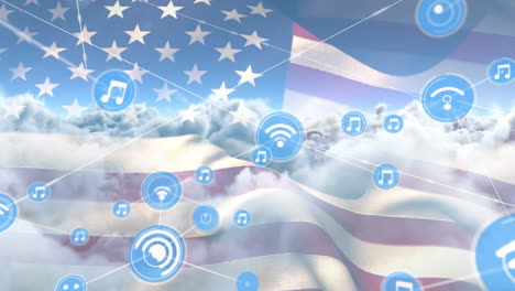 animation of network of connections with wifi and music icons over flag of usa