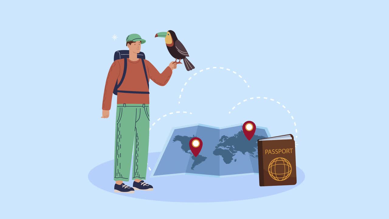 campista masculino con tucano y animación de mapa de papel
