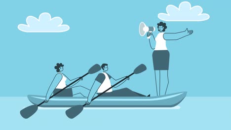 라우드 스피커를 가진 만화 여성은 종이 배에서 rowing 팀을 이끌고, 팀워크 비즈니스 개념, 평평한 디자인, 2d 캐릭터, 고립 루프 애니메이션, 알파 채널.