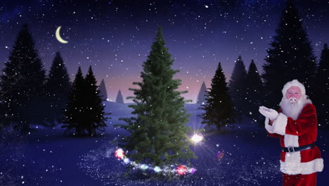 animation of santa claus and christmas tree in night winter landscape