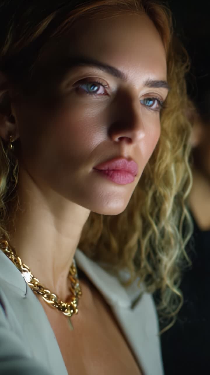 Ritratto di una donna con capelli ricci e una collana vistosa che esprime eleganza e sicurezza in un ambiente scarsamente illuminato