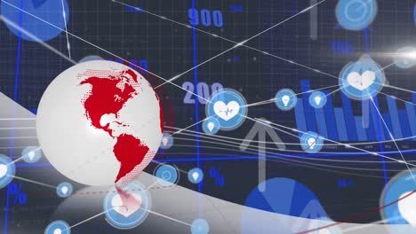 Animation-of-globe,-data-processing-and-network-of-connections