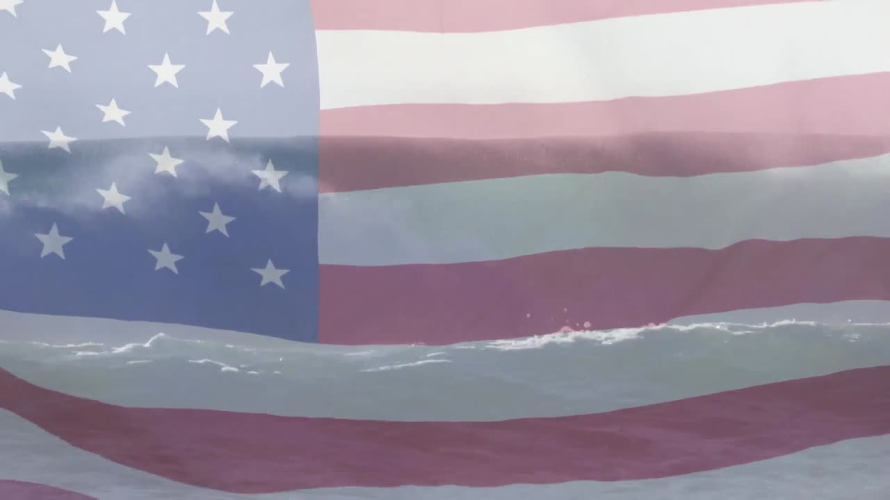 composición digital de agitarnos la bandera contra las olas en el mar