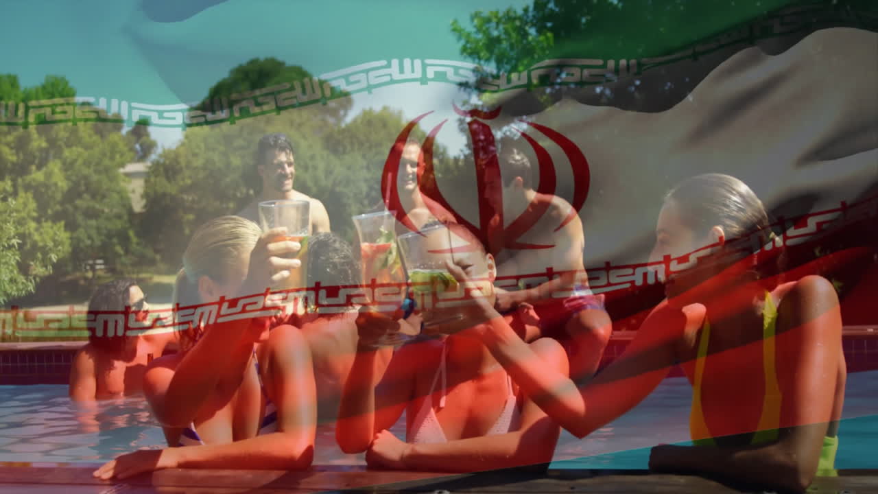 In pool, people with drinks celebrating with Iranian flag animation overlay