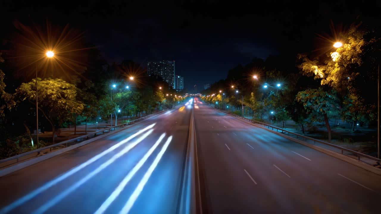 Strada urbana notturna con semafori e lunghe esposizioni di auto in movimento che creano scie luminose dinamiche in un vivace scenario urbano.
