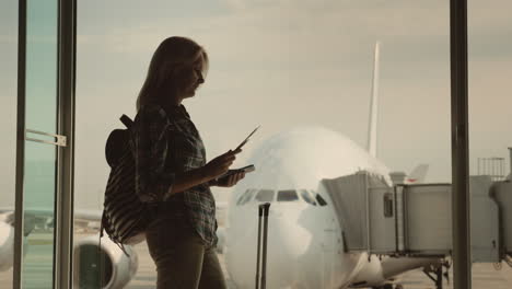 Silhouette-Of-A-Woman-With-Boarding-Documents-Standing-At-The-Terminal-Window-Outside-The-Window-A-B